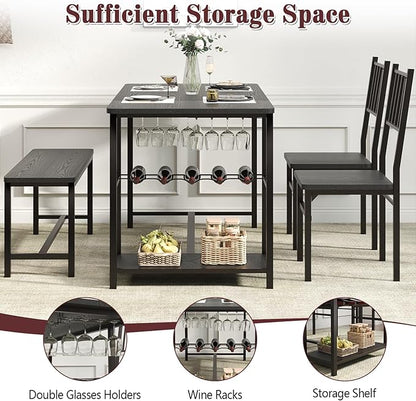 4 EVER WINNER Dining Table Set for 4, 55" Kitchen Table Chairs with 2 Chairs and Bench, 4 Piece Dining Room Table Set with Wine Rack & Wine Glasses Holder for Small Space, Black