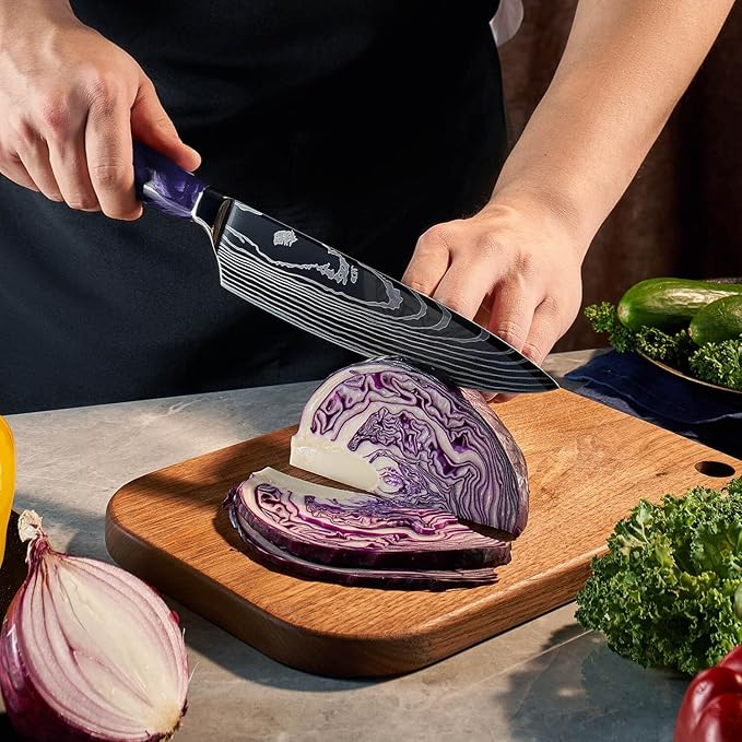 SENKEN 8-Piece Japanese Knife Set with Blue Resin Handle and Laser Damascus Pattern - Cerulean Collection - Chef's Knife, Cleaver, Santoku Knife, Bread Knife, Paring Knife, & More (Amethyst Purple)