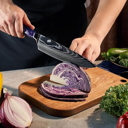 SENKEN 8-Piece Japanese Knife Set with Blue Resin Handle and Laser Damascus Pattern - Cerulean Collection - Chef's Knife, Cleaver, Santoku Knife, Bread Knife, Paring Knife, & More (Amethyst Purple)