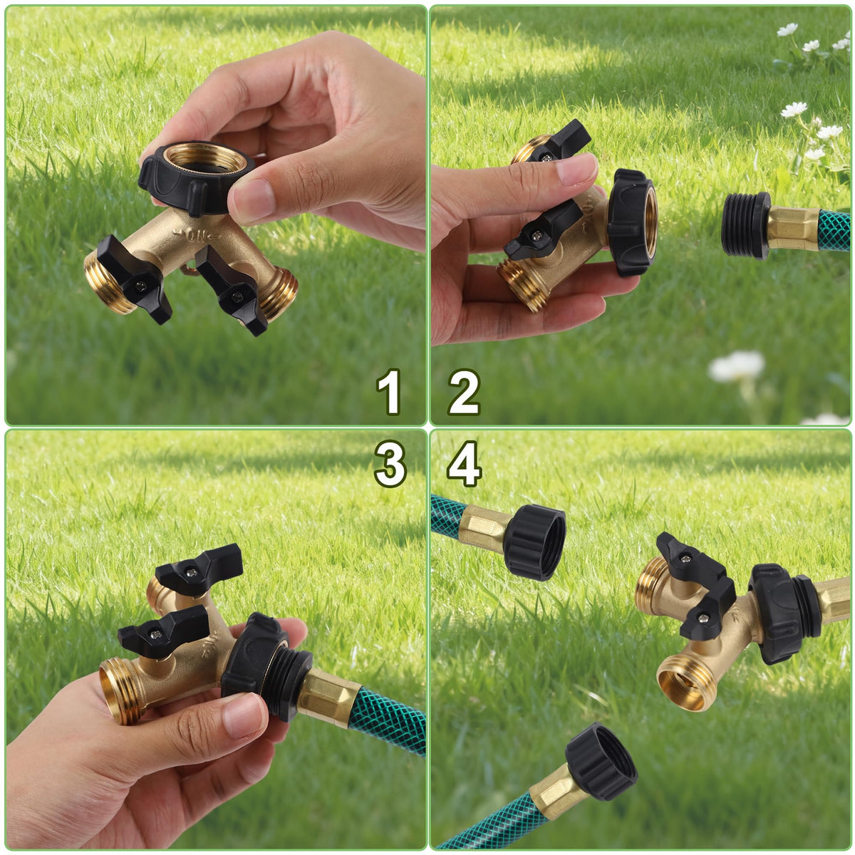 Biswing Garden Hose Splitter 2 Way, Heavy Duty Brass Connector Tap Splitter, Y Splitter 2 Valves with 2 Extra Rubber Washers