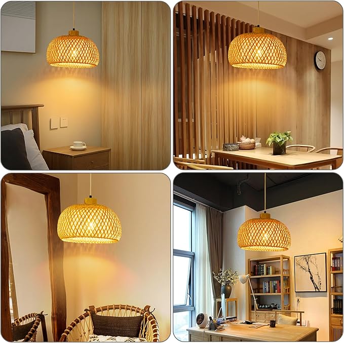 Bamboo Pendant Light, 11.8inch Hand-Woven Natural Wicker Rattan Bamboo Lamp, Beige Boho Hanging Chandelier, Rustic Island Dining Ceiling Light for Living Room, Kitchen, Farmhouse, Bedroom