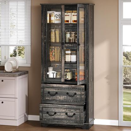 YITAHOME 76'' Kitchen Pantry Cabinet with 2 Drawers, Tall Storage Cabinet with Glass Doors & Adjustable Shelves, Freestanding Display Curio Cabinet for Collectibles, Living Room, Dark Rustic Oak