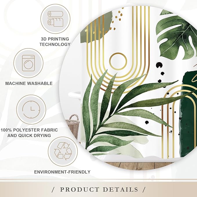 Glawry Green Gold Boho Mid Century Shower Curtain Extra Long Tropical Plant Abstract Minimalist Modern Geometric Leaf Bathroom Simple 72Wx78L Inches Bath Accessories Art Home Decor Fabric 12 Pack Hook