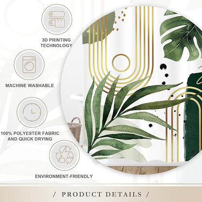 Glawry Green Gold Boho Mid Century Shower Curtain Extra Long Tropical Plant Abstract Minimalist Modern Geometric Leaf Bathroom Simple 72Wx78L Inches Bath Accessories Art Home Decor Fabric 12 Pack Hook