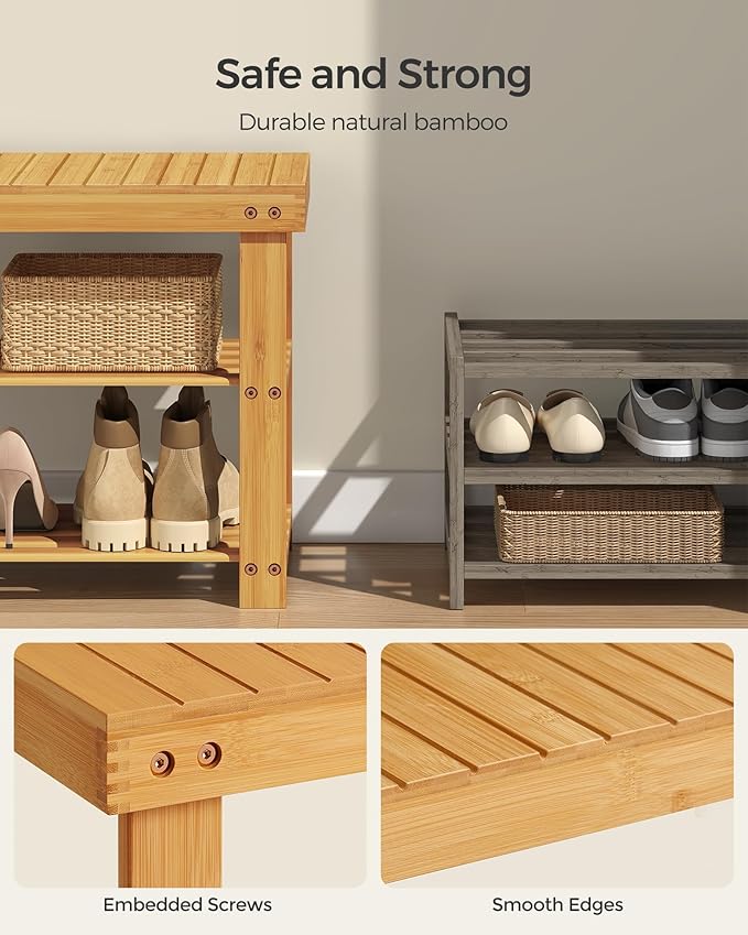 SONGMICS Shoe Rack Bench, 3-Tier Bamboo Shoe Storage Organizer, Entryway Bench, Holds Up to 286 lb, 11.3 x 35.4 x 17.8 Inches, for Entryway Bathroom Bedroom, Natural ULBS90N