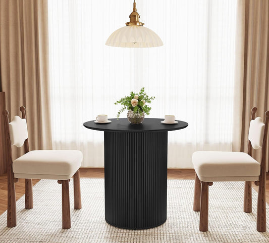 31.5 inch Round Dining Table for 2, Farmhouse Wood Fluted Dinner Round Kitchen Table with Wood Fluted Base, Mid-Century Modern Small Circle Dining Room Ta ble for Kitchen Living Room (Black)