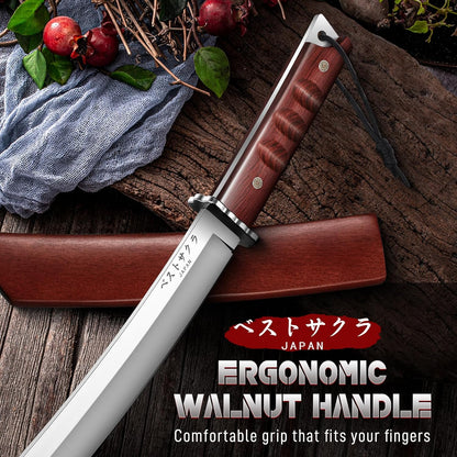 Japanese Fixed Blade Knife - Tanto Knives with Wooden Sheath - Survival Knives with Full Tang Handle - Bushcraft knives for Camping Outdoor, Gifts for Men