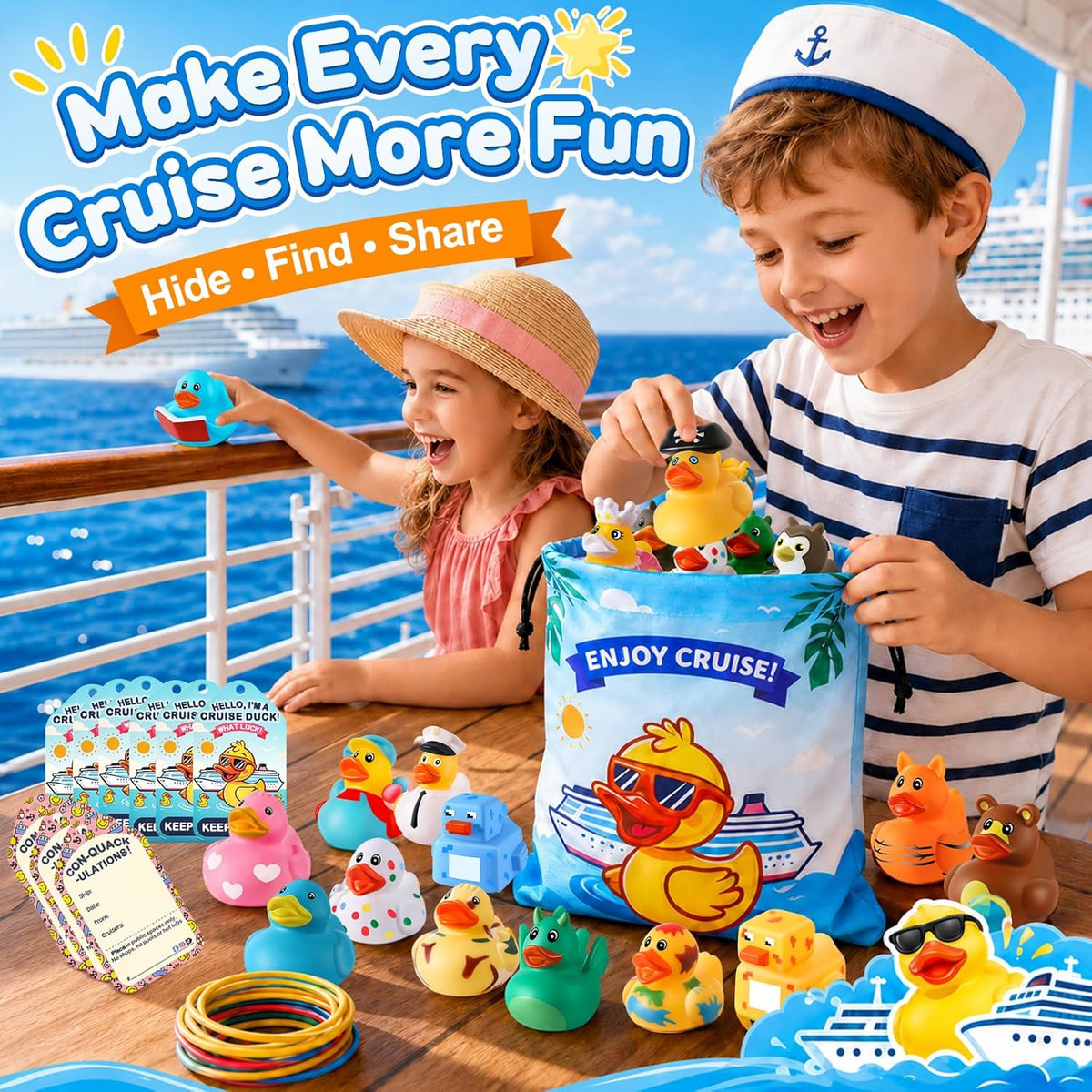 100 Pcs Cruise Rubber Ducks Kits Include 30 Cruise Ducks with 30 Cruising Duck Tags 40 Rubber Bands and 1 Duck Bag, Bulk Ducks for Cruise Ships Hiding Carnival Ducking Cruise Essentials