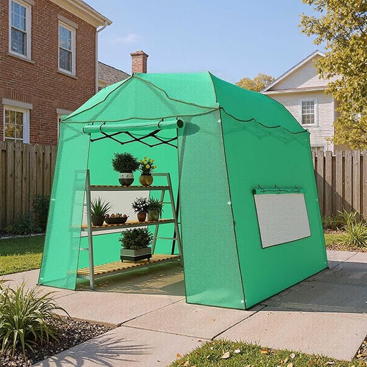 8.5 x 7 FT Walk-in Greenhouse, Portable Pop-up Green House 3 Adjustable Hights Heavy Duty Plant Gardening Canopy with Durable PE Cover for Indoor Outdoor (Clear and Green)