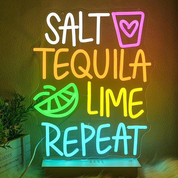 Salt Tequila Lime Repeat Neon Sign for Wall Decor Tequila Neon Light Letter LED Neon Sign Colorful Led Neon Light for Bar Shop Man Cave Kitchen Decoration