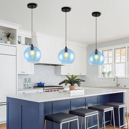 Blue Pendant Lights Kitchen Island Lighting Modern Globe Hand Blown Glass Pendant Light Ceiling Hanging Light fixtures for Kitchen Island Bedroom Living Dining Room Light Fixture-11.8in