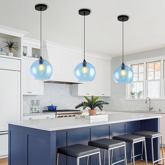 Blue Pendant Lights Kitchen Island Lighting Modern Globe Hand Blown Glass Pendant Light Ceiling Hanging Light fixtures for Kitchen Island Bedroom Living Dining Room Light Fixture,9.8in