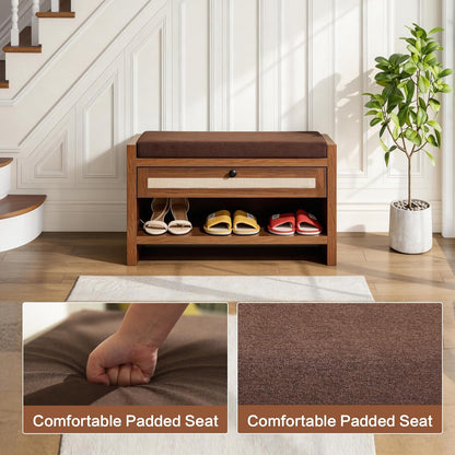 VipDesk Rattan Shoe Bench with Storage Drawer and Cushion Seat, Walnut Wood Entryway Bench 330 lbs Capacity, Waterproof for Hallway, Bedroom, Living Room