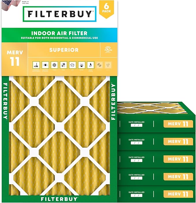 Filterbuy 11.25x23.25x2 Air Filter MERV 11 Superior Pet & Allergy Defense (6-Pack), Electrostatic Pleated HVAC AC Furnace Filters Replacement, Made in USA (Actual Size: 11.25 x 23.25 x 1.75)