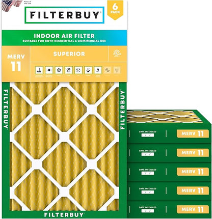 Filterbuy 11.25x23.25x2 Air Filter MERV 11 Superior Pet & Allergy Defense (6-Pack), Electrostatic Pleated HVAC AC Furnace Filters Replacement, Made in USA (Actual Size: 11.25 x 23.25 x 1.75)