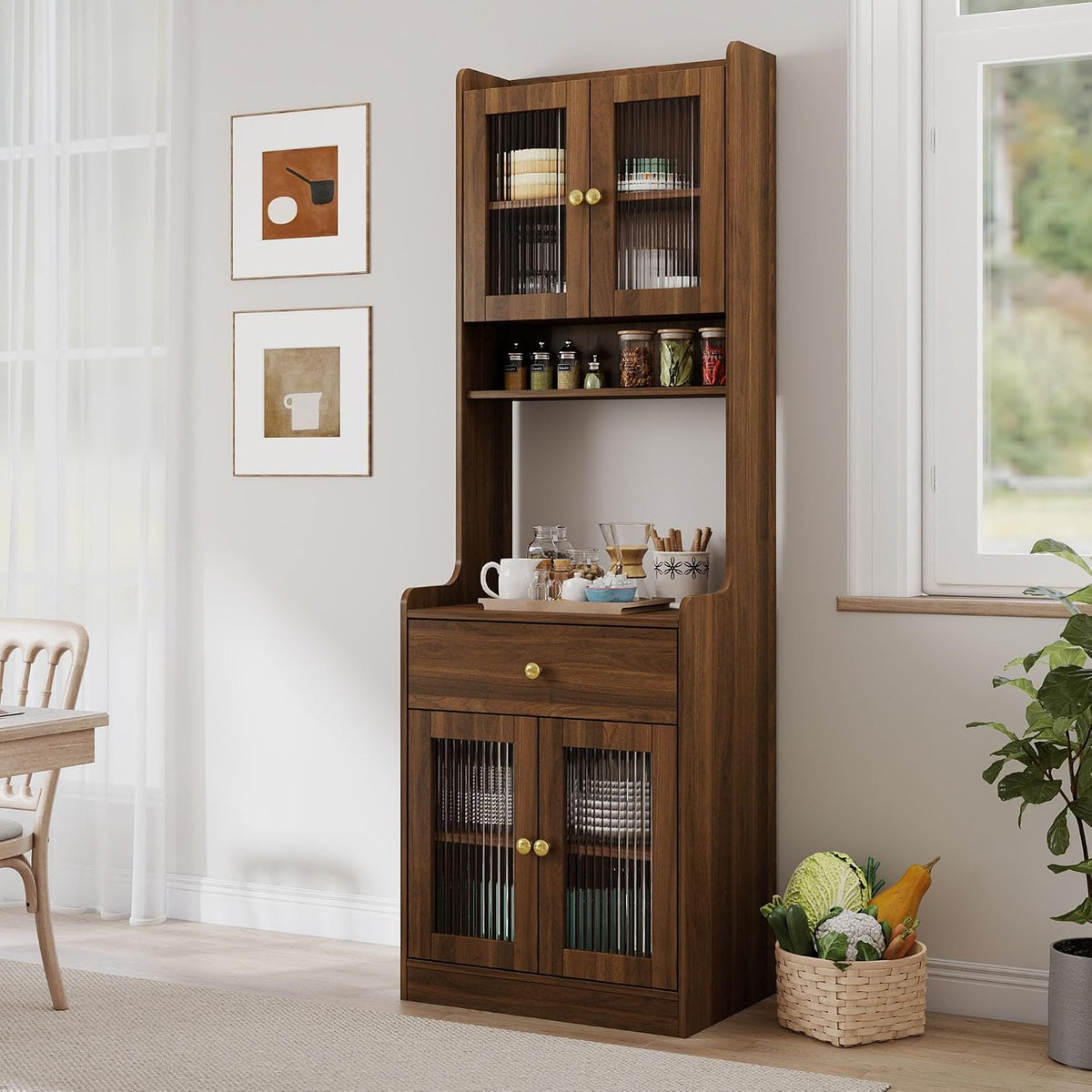 71 Inch Kitchen Hutch Storage Cabinet with Countertop, Farmhouse Coffee Hutch Cabinet Bar with Storage, Buffet Hutches and Cabinets with Microwave Stand | Glass Door for Dining Room