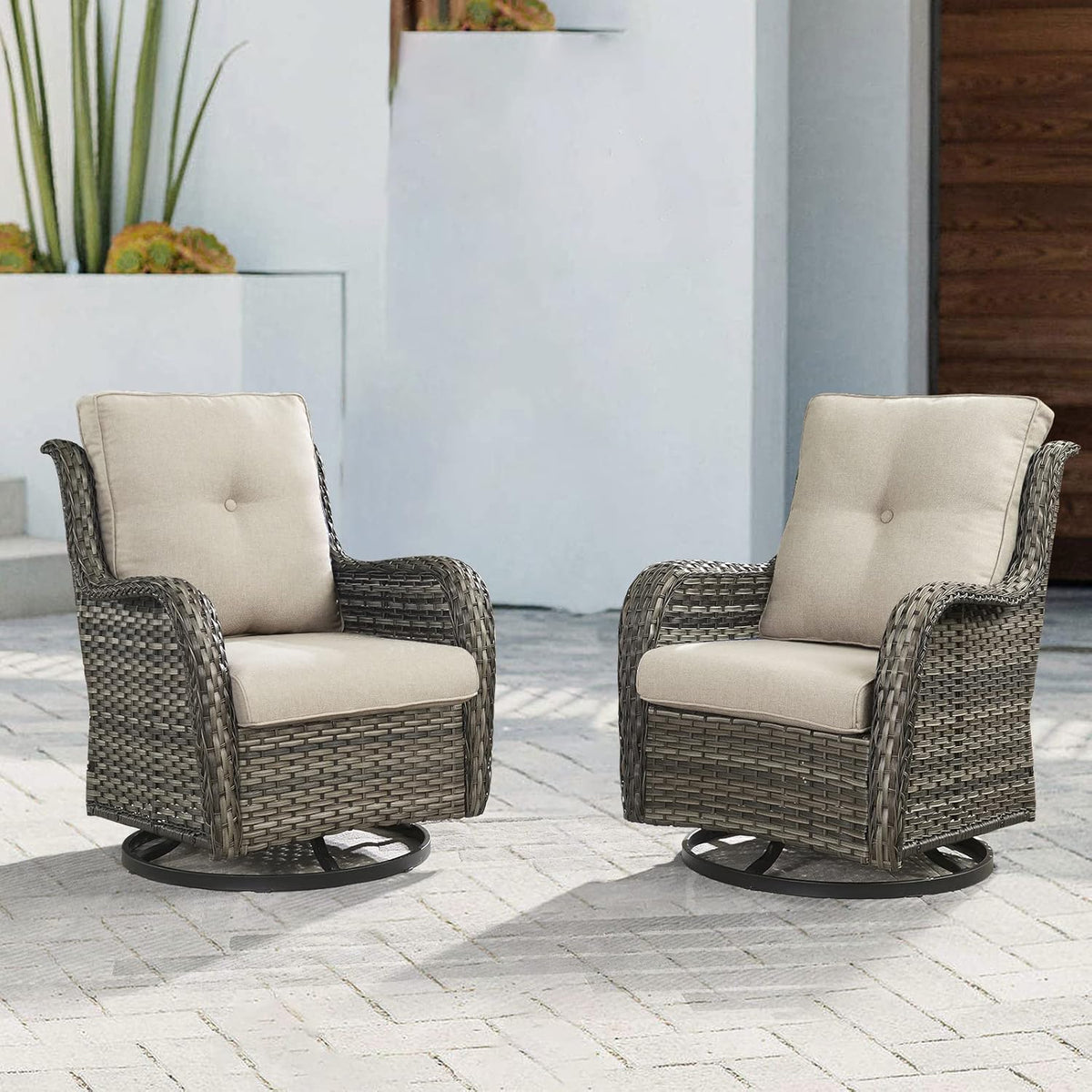 Outdoor Patio Swivel Rocker Chairs - Wicker Rattan Patio Swivel Rocking Chairs Set of 2 with High Back,Deep Seating and Comfort Cushions for Deck Porch Garden,Mixed Grey/Beige