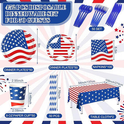 452 Pcs American Flag Party Supplies Veterans Day Decorations for 50 Guests, Patriotic Paper Plates Napkins Cups Tablecloth Cutlery Straws for USA 4th of July Party Supplies