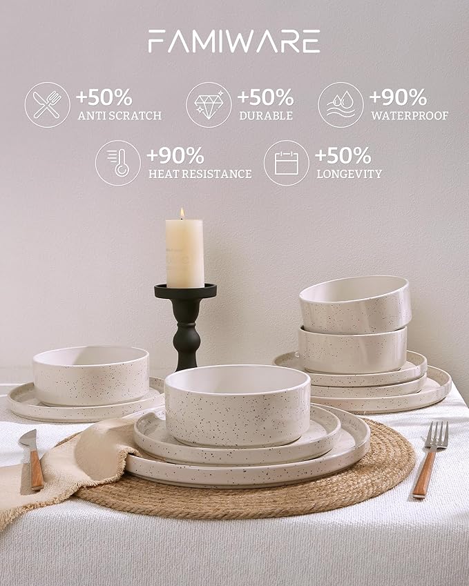 Famiware Nebula Plates and Bowls Sets, 18 Pieces Dinnerware Sets, Dishes Set for 6, Creamy White with Colorful Speckles