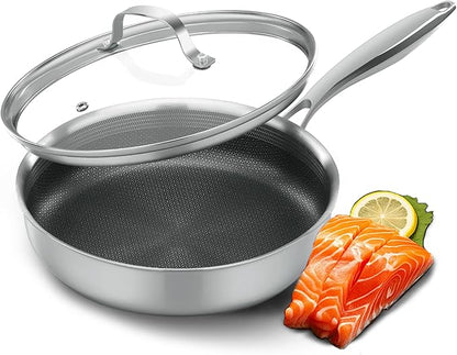 Non Stick Frying Pans,Hybrid Frying Pan with Lid,Non Toxic Frying Pans Nonstick,Stainless Steel Skillet,Dishwasher and Oven-Safe,Compatible with All Cooktops,Induction,9.5 in