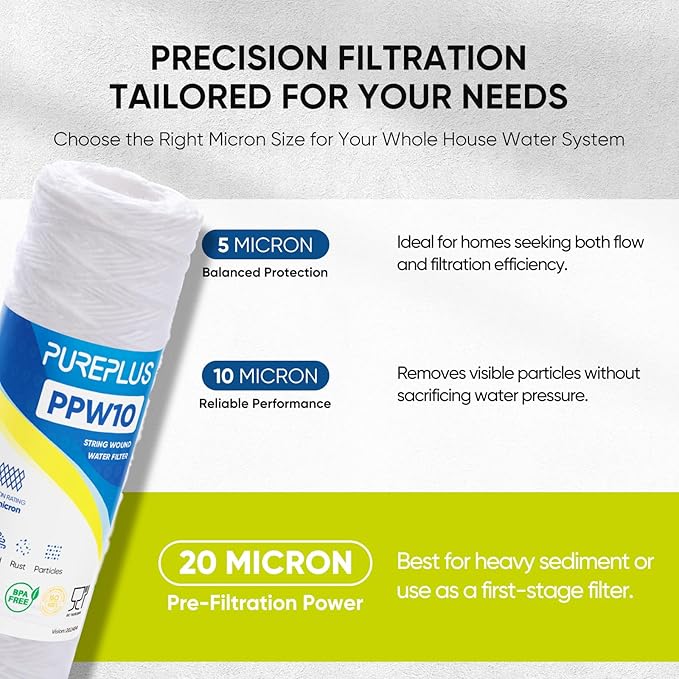 PUREPLUS 20 Micron 10"x2.5" Whole House String Wound Sediment Filter for Well Water, Replacement Cartridge for Universal 10 inch RO System, WP-5, Aqua-Pure AP110, CFS110, Culligan P5,WFPFC4002, 4Pack