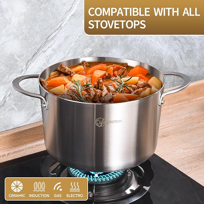 LOLYKITCH Tri-Ply 3 Quarts Stainless Steel Induction Cooking Pot,Small Stock Pot,Sauce Pot with Lid,Dishwasher and Oven Safe.