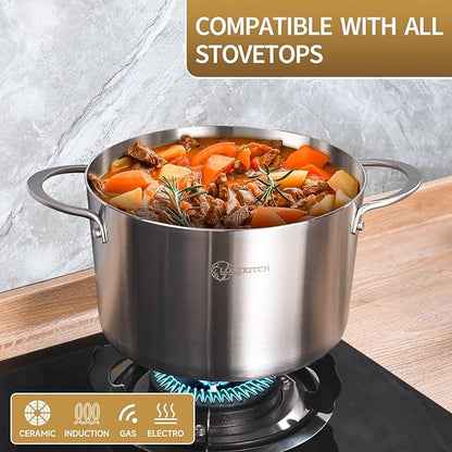 LOLYKITCH Tri-Ply 3 Quarts Stainless Steel Induction Cooking Pot,Small Stock Pot,Sauce Pot with Lid,Dishwasher and Oven Safe.