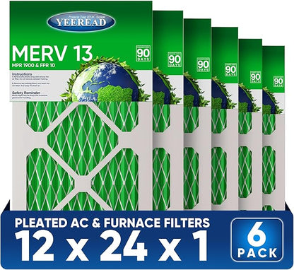 12x24x1 MERV 13 Air Filters, 6-Pack, Actual Size: 13.70” x 23.70” x 0.75”, Pleated Design with Enhanced Filter Media for Superior Filtration,Perfect for HVAC, AC & Furnace Systems