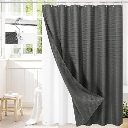 3 in 1 Extra Long Charcoal Grey Shower Curtain Set-72 W x 84 H, Modern Waffle and PEVA Liner Set with 12 Stainless Steel Hooks, Waterproof Fabric for Bathroom