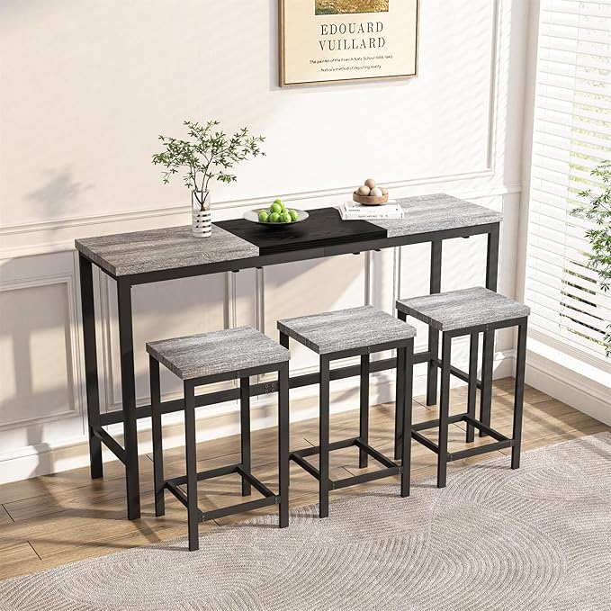 Harper & Bright Designs 4-Piece Dining Table Set, 60.2" L Wood Dining Table with 3 Stools and Metal Frame for Kitchen Dining Room, Convenient Hanging Stool Design, Grey+Black
