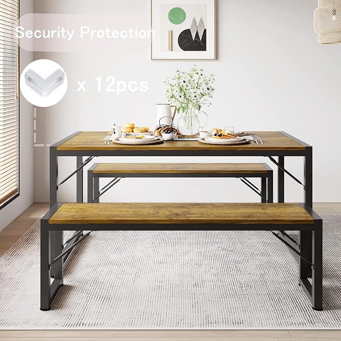 Gizoon 45.5" Dining Table Set for 4 with 2 Benches, Kitchen Table Set with Metal Frame & MDF Board, Space-Saving Dinette for Kitchen, Dining Room -Retro