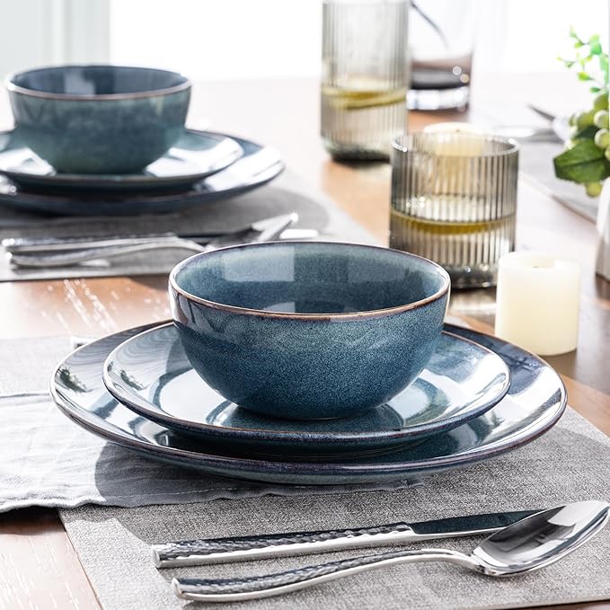 AmorArc Ceramic Dinnerware Sets for 6, 18 Pieces Handpainted Plates and Bowls Set, Scratch Resistant Stoneware Dishes Set, Dishwasher & Microwave Safe, Ceylon Blue