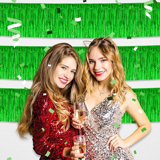 4 Pack 10 Feet Green Foil Fringe Garland Metallic Tinsel Streamers Banner Wall Hanging Curtain Backdrop for Parade Floats, Wedding, Graduate, Mother's Day, Birthday Party Decoration