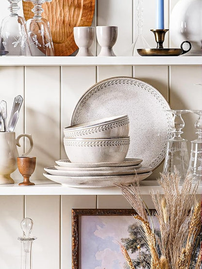 Dinnerware Sets for 4, 12 Piece Ceramic Dish Set with Plates and Bowls | Oven/Dishwasher/Microwave Safe | Ideal for Housewarming | Reactive Beige (10" Plate+8" Dish+27oz Bowl)