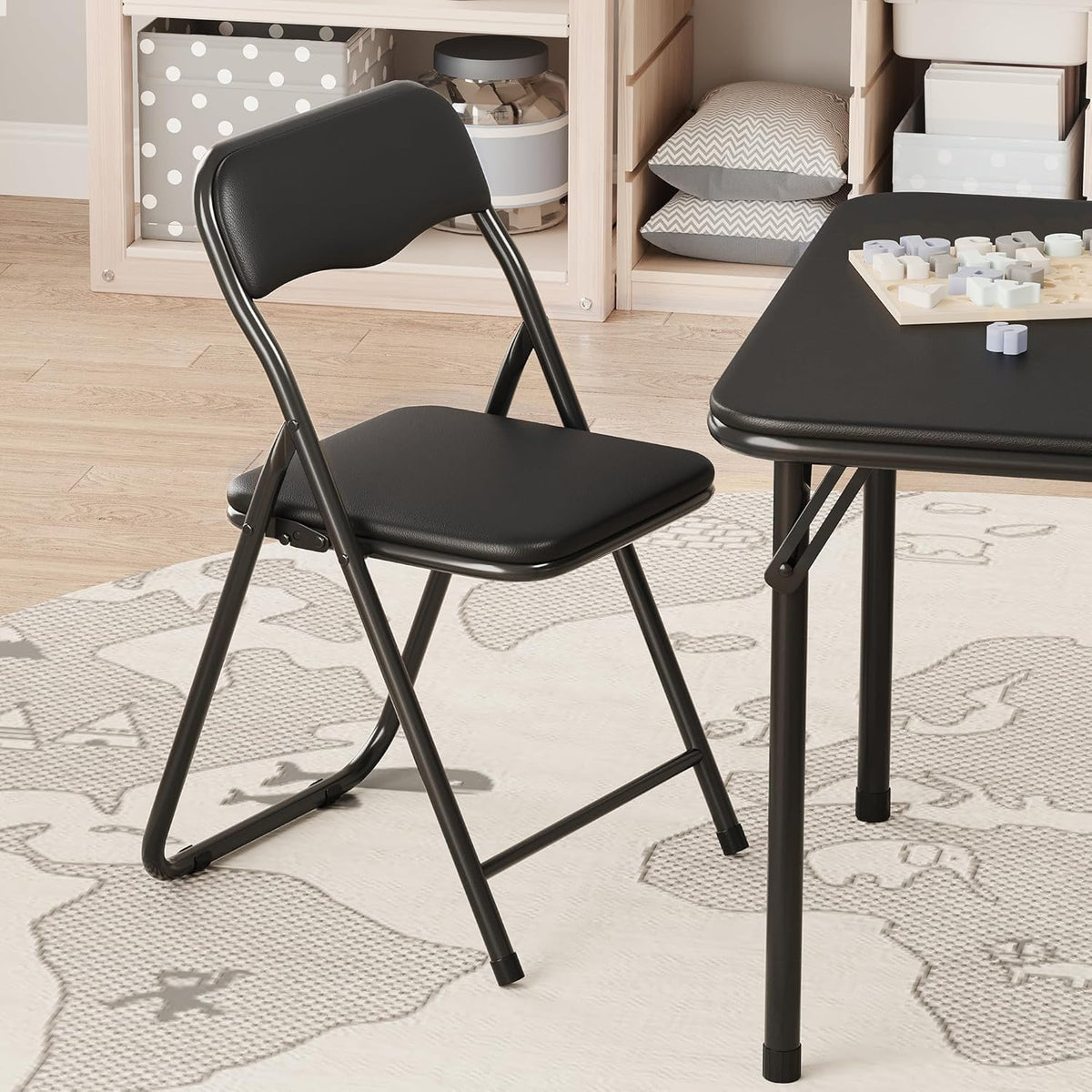 IDEALHOUSE Boys and Girls Folding Table and Chairs Set of 3, Portable Table and Chair with Pu Soft Cushion,Suitable for Eating,Reading and Playing (Black)