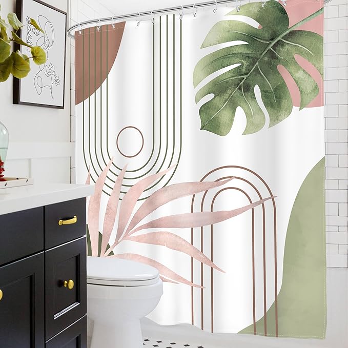 Glawry Abstract Tropical Shower Curtain Chic Boho Plant Palm Leaf Watercolor Pink Green Simple Minimalist Bathroom Modern Botanical 60Wx72L Inches Bath Accessories Art Home Decor Fabric with Hooks