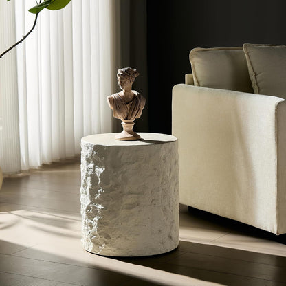 Round Side Table End Table for Living Room, Modern Contemporary Faux Stone Style Fiberglass Material, No Assembly (Beige, ø15.7'' x 17.7'')