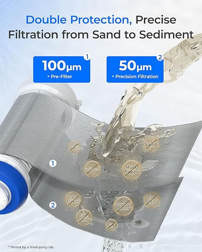 Waterdrop Mega Spin Down Sediment Filter, Upgraded Reusable Backwash Whole House Water Filter System for City/Well Water, 50 Micron+100 Micron, 1" MNPT + 3/4“FNPT, BPA Free