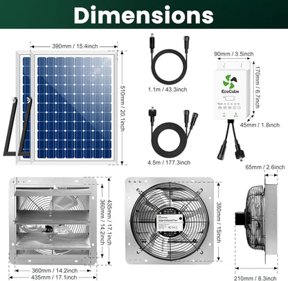 14" Solar Exhaust Fan for Greenhouse with Battery and Adjustable Thermostat, Attic Fans for Garage and Shed with 2PCS 30W Bifacial Solar Panels