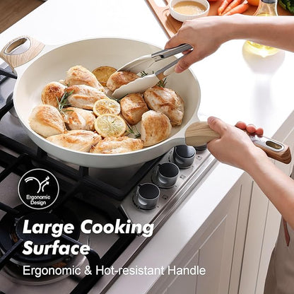 SENSARTE Ceramic Nonstick Frying Pan Skillet with Lid 12.5Inch Large Non Stick Non-toxic Healthy Kitchen Cooking Chef's Pan, Free of Intentionally Added PFOA/PFAS/PTFE, Induction Compatible, White
