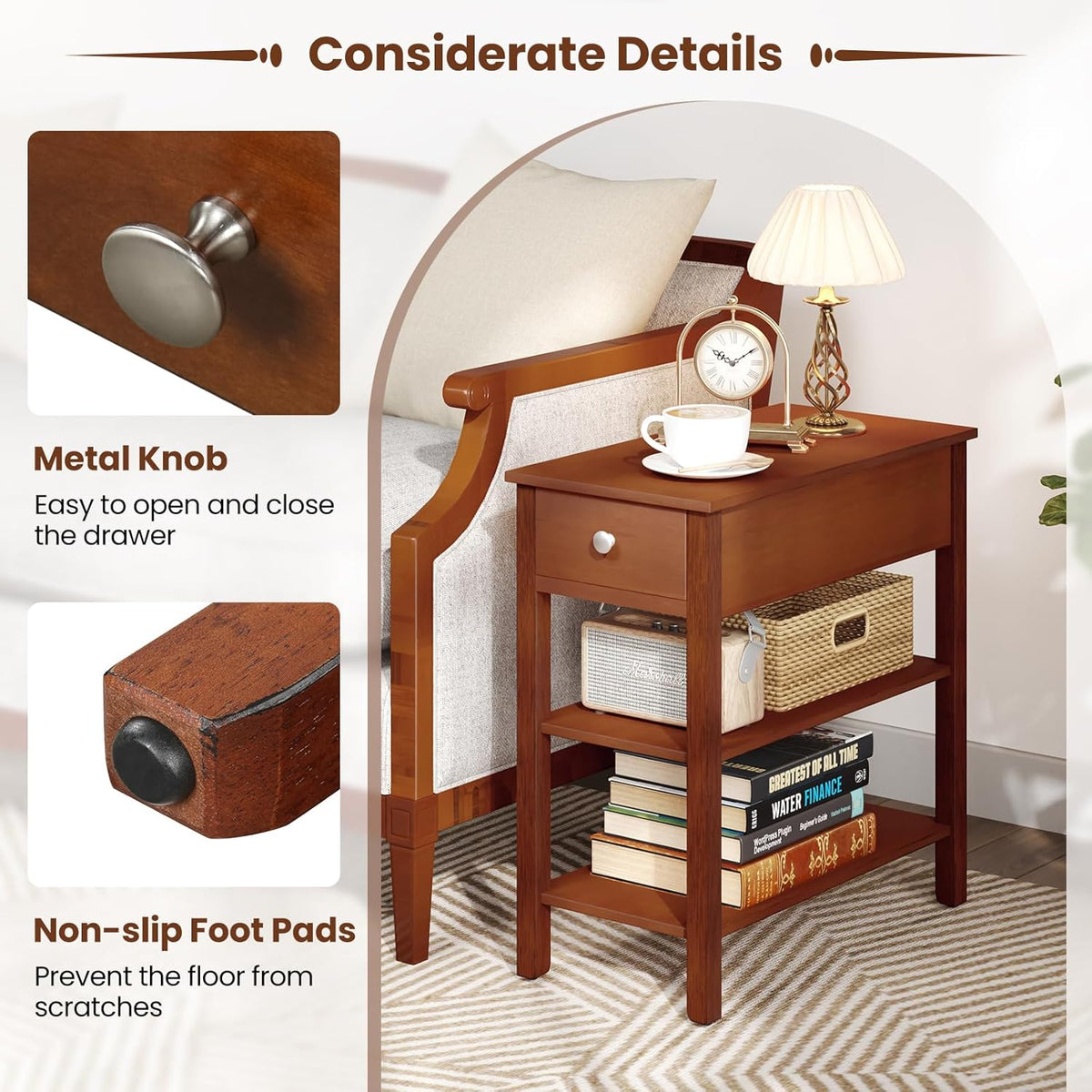 Giantex Narrow End Table, Farmhouse Side Tables with Drawer & Storage Shelves, Wood Sofa Side Tables, 3-Tier Nightstands for Small Space, Living Room, Bedroom, 23.5" L x 12" W x 24.5" H, Brown
