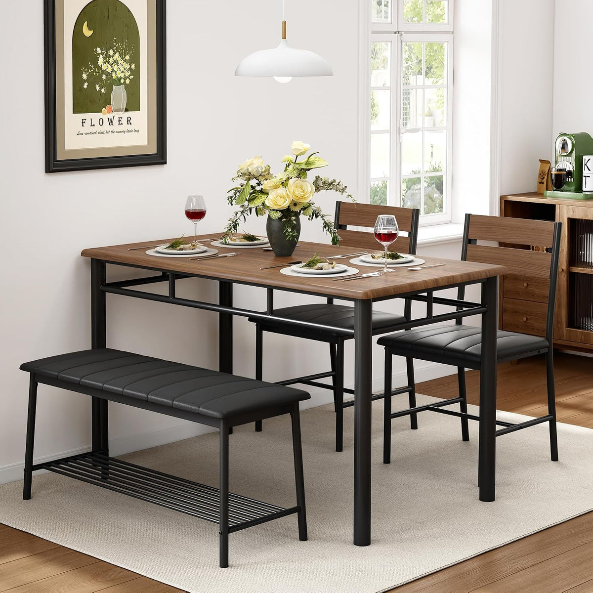 IRONCK Dining Table Set for 4, Kitchen Table with Upholstered Bench and 2 Chairs, Kitchen Table and Chairs Set for Small Space, Apartment, Walnut