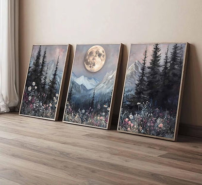 3Pcs Full Moon Forest Canvas Wall Art Moody Dark Forest Moonlit Pine Tree Mountains Wildflowers Wall Decor Wildflower Moon Poster Print Artwork for Bedroom Living Room Decoration Unframed