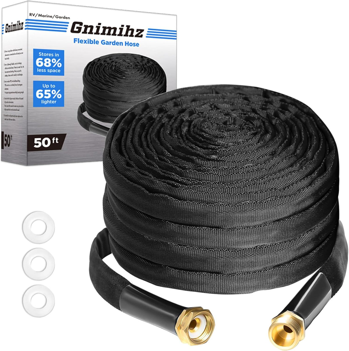 Garden Hose 50ft, Made of TPE(Not PVC), Ultra-Light & Flexible Water Hose with Solid Brass Fittings, Non-Shrinking, Easy to Storage, Drinking Water Safe Material, All-weather, Black, Newbox