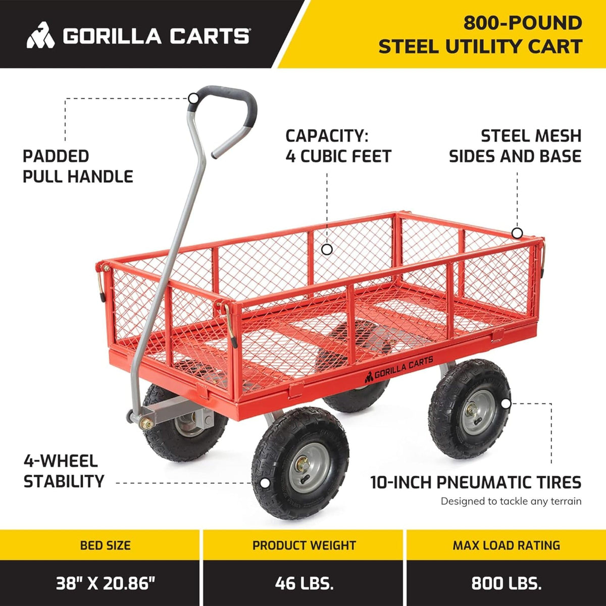 Gorilla Carts 800-Pound Capacity Heavy Duty Steel Mesh Versatile Utility Garden Wagon with Easy Grip Handle for Outdoor Hauling, Red, Model GOR800-COM