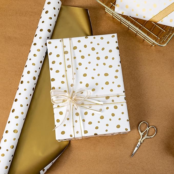 Burymento Golden Lrregular Wave Point Wrapping Paper, Reversible Gold Gift Wrap for Birthday, Valentines, Mothers day, Graduation, Wedding, Fathers day, Baby Shower, Christmas (17in x 16.4ft)