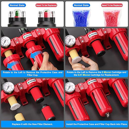 TAILONZ PNEUMATIC 0-150PSI 1/4 Inch NPT Aluminum Alloy Industrial Grade Three Stage Air Drying System, Particulate Filter, Coalescing Filter, Desiccant Dryer and Air Regulator (Manual Drainage)