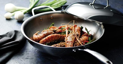 Tramontina Signature Tri-Ply Clad Stainless Steel 12.5-Inch Wok with lid, Induction-Ready, Dishwasher-Safe, NSF-Certified, Made in Brazil