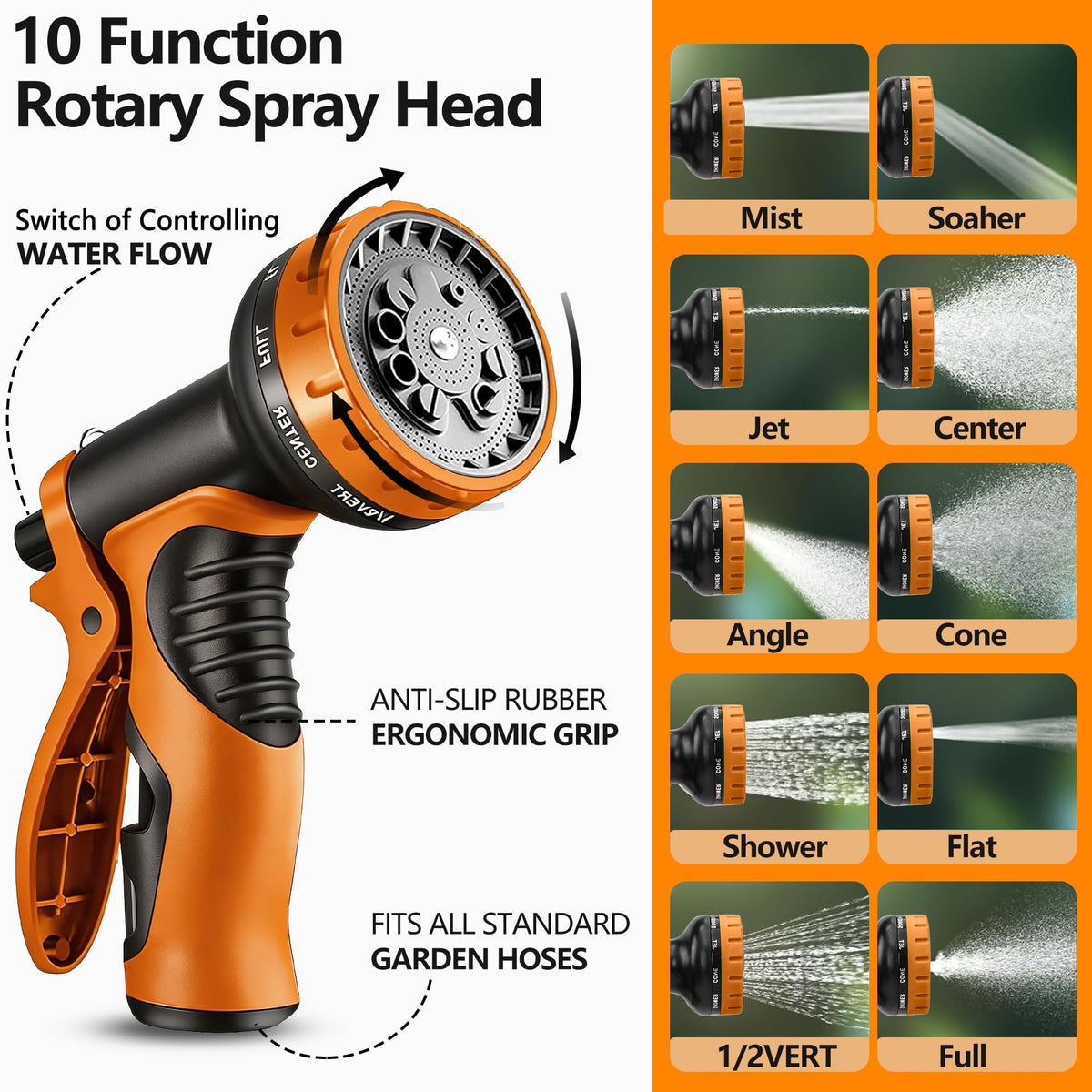 Flexible Garden Hose 100 FT, Ultra Lightweight Water Hoses w/10 Function Sprayer and 3/4" Brass Fittings, Kink-Free, Sturdy, Abrasion Resistant for Yard, Lawn, Outdoor and Gardening(Black Orange)