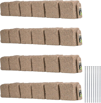 Beuta Landscape Edging | Garden Edging Border | Faux Stone Blocks for Lawn Edging, Flower Beds & Yard Edging – 4 Pack | Each Section Has 6 Blocks 48" L x 4" W x 6.5" H | 8 Spikes | Sandstone
